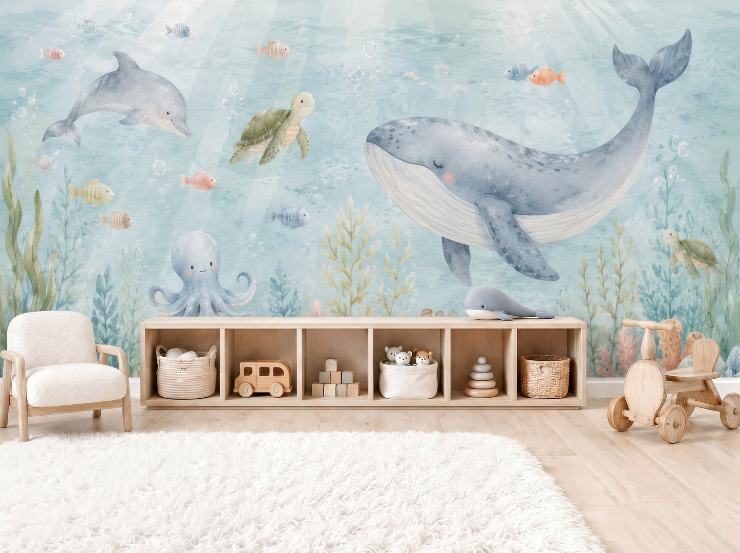 Watercolor under the sea nursery wall mural with whale, dolphin, turtle, octopus, and coral reef in soft blue coastal tones