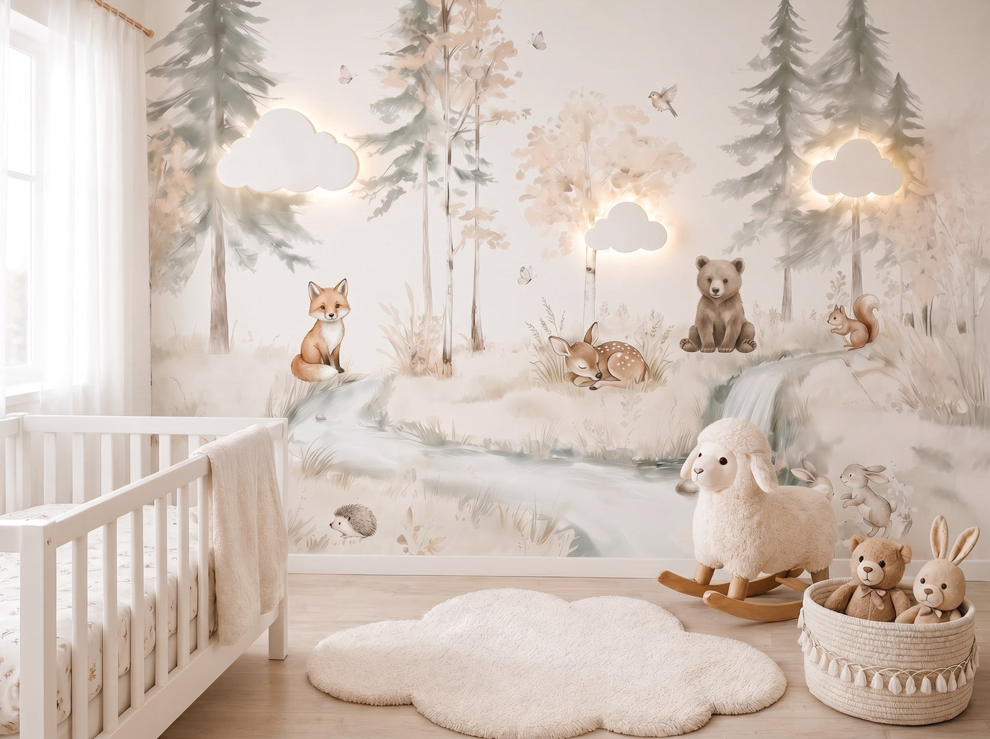 Neutral Woodland Nursery Mural – Forest Animals Wallpaper for Baby & Kids Room