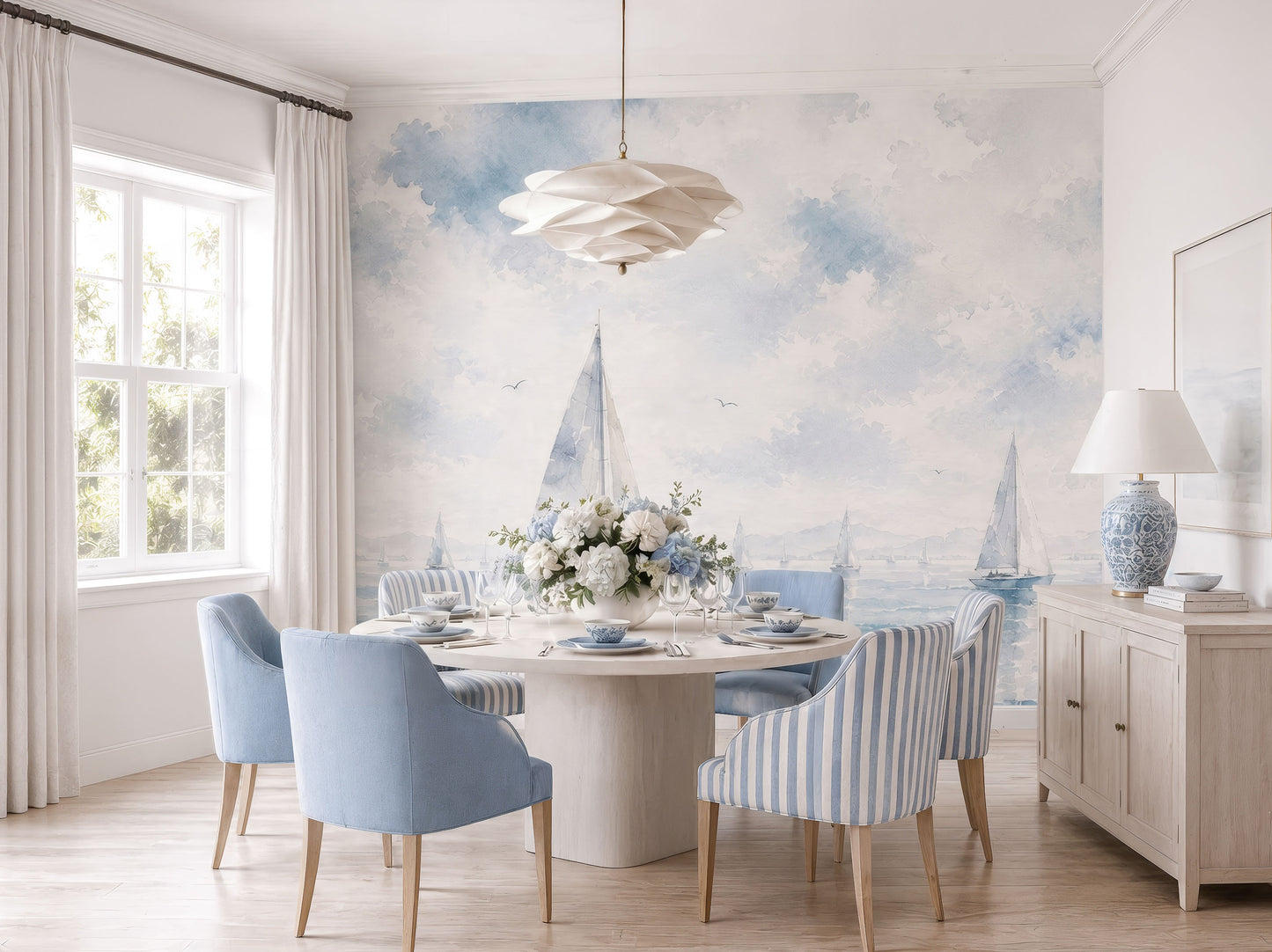 Elegant blue coastal mural wallpaper with sailing boats