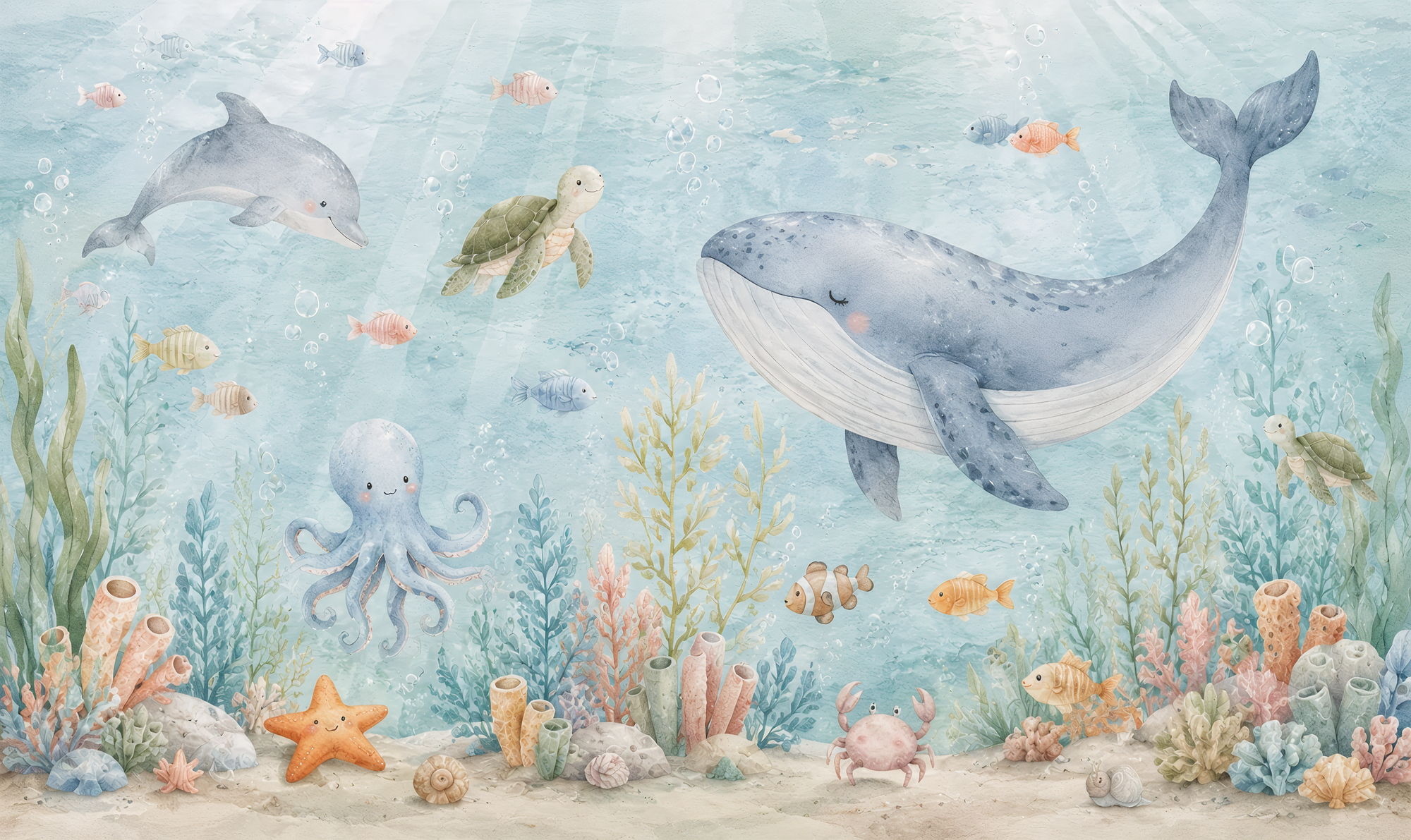 Under the Sea Nursery Wall Mural – Watercolor Whale & Ocean Animals Wallpaper
