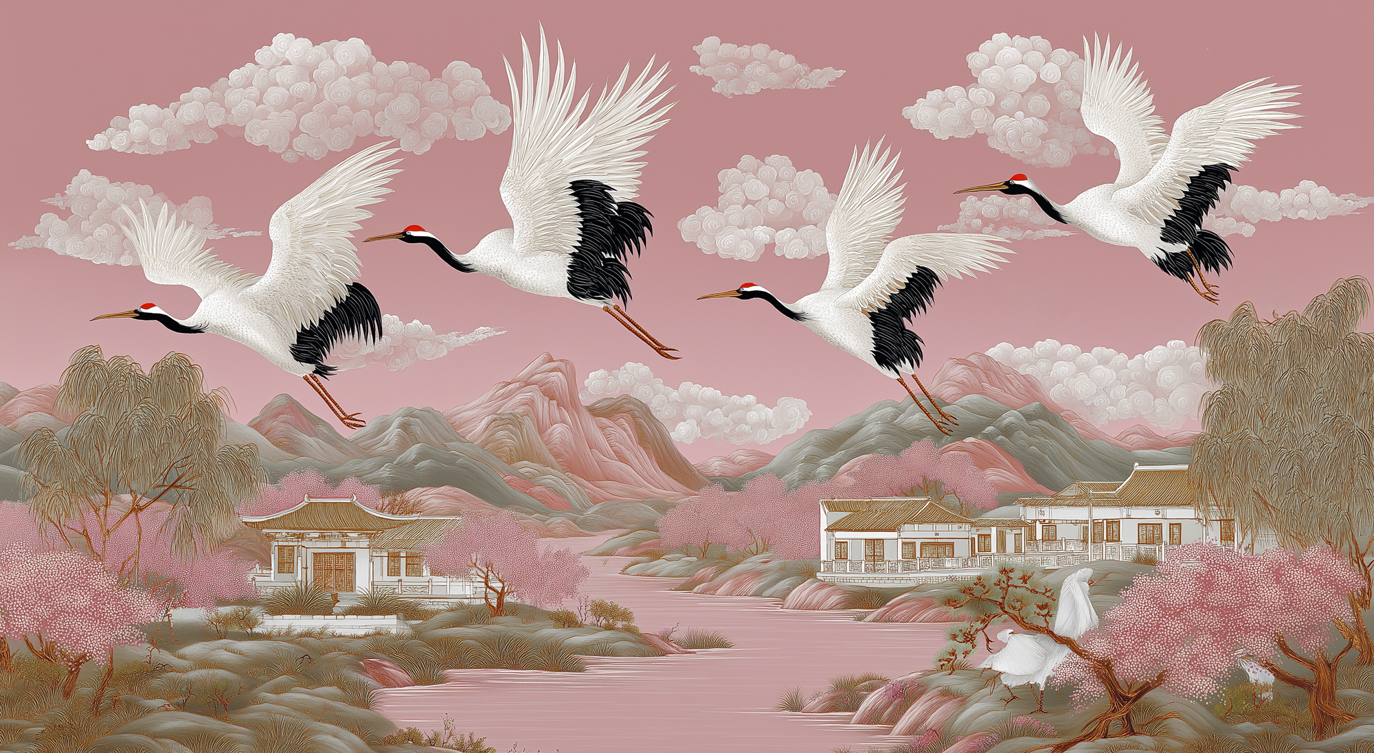 Blush Pink Chinoiserie Crane Wall Mural | Luxury Japanese Landscape Wallpaper