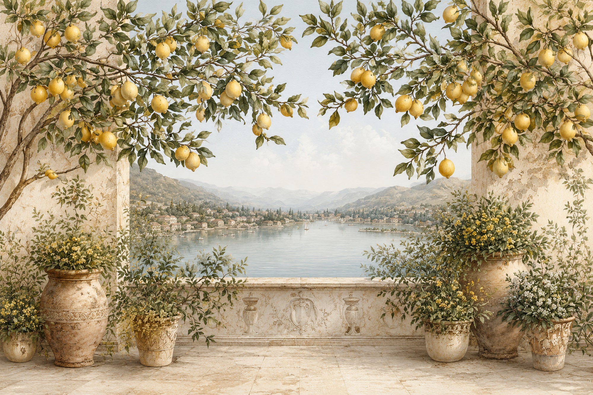 Italian Lemon Terrace Wall Mural | Mediterranean Landscape Wallpaper