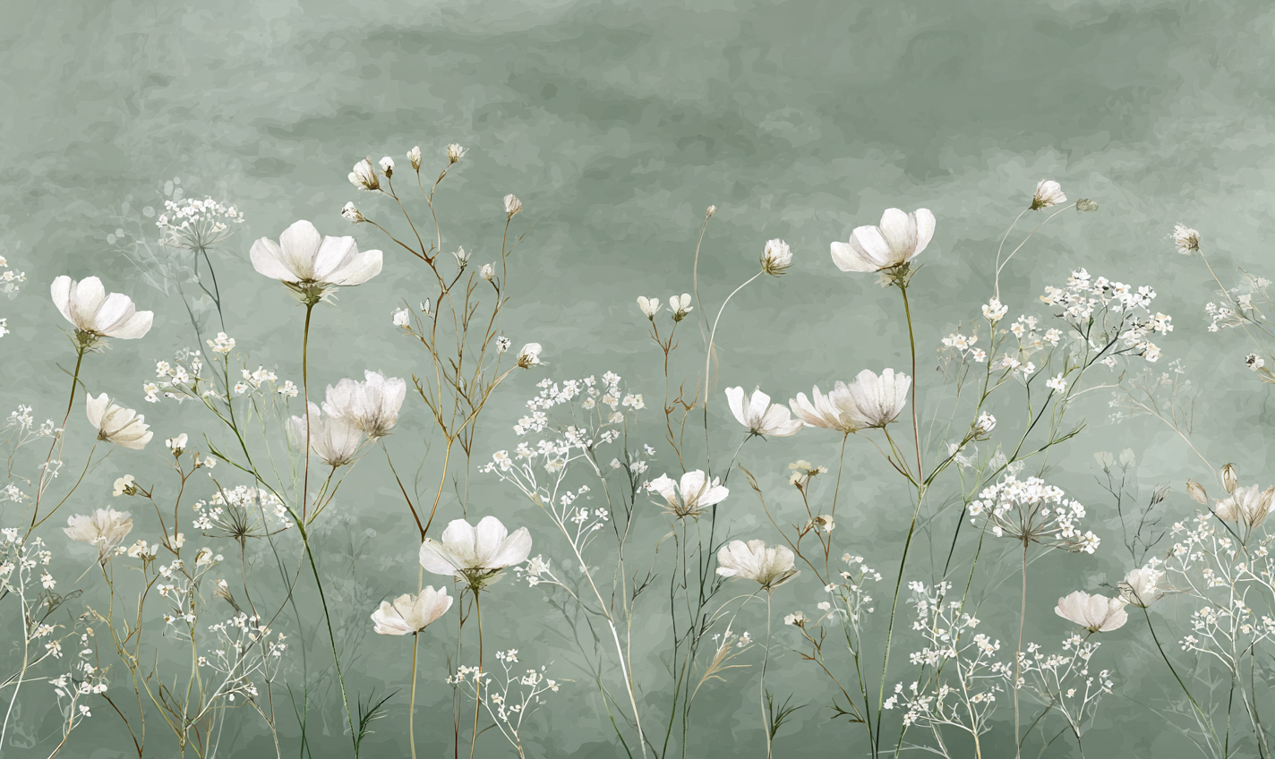 Sage Green Wildflower Mural Wallpaper White Botanical Meadow Wall Mural
