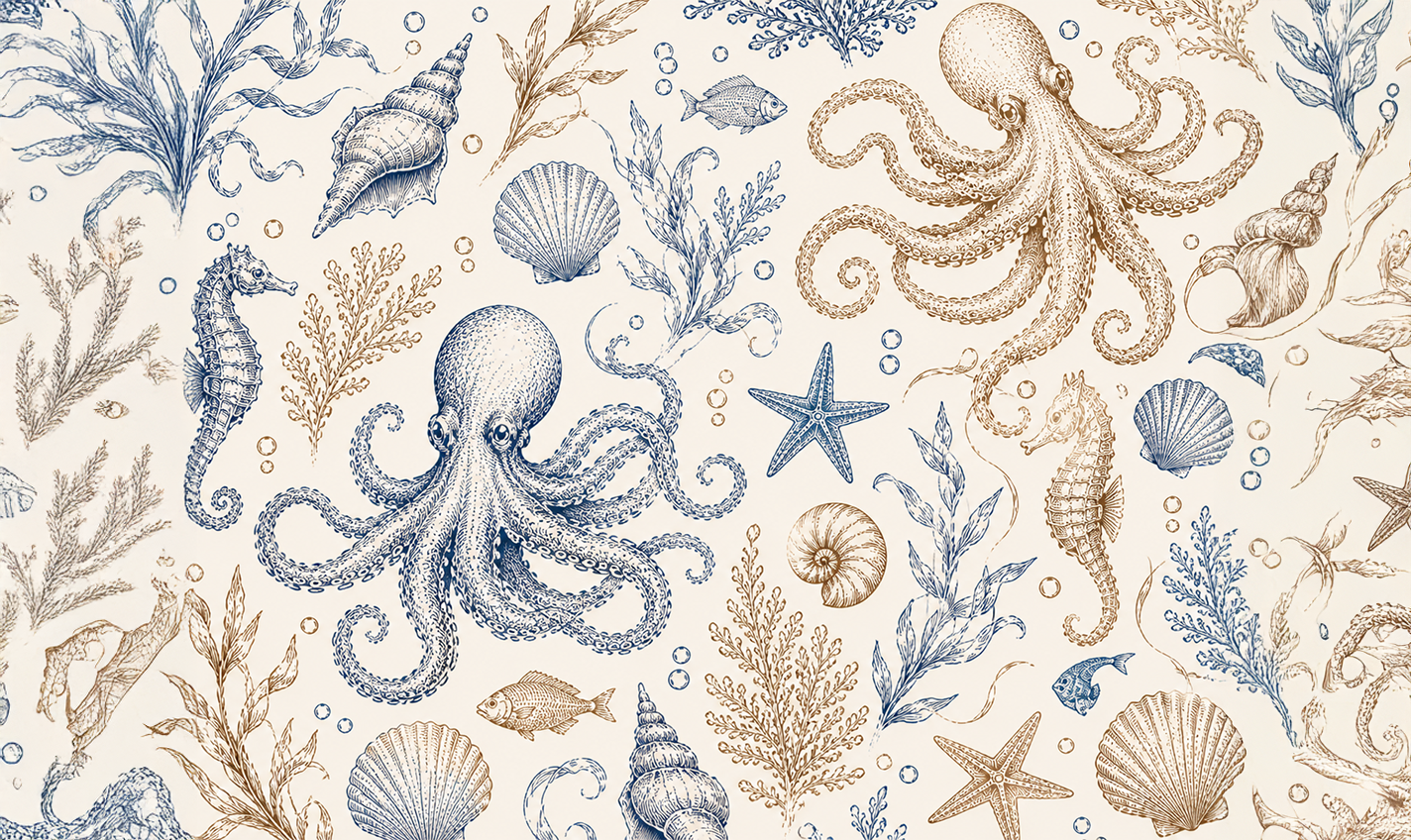 Coastal Marine Wallpaper – Octopus & Seashell Nautical Mural in Blue and Beige