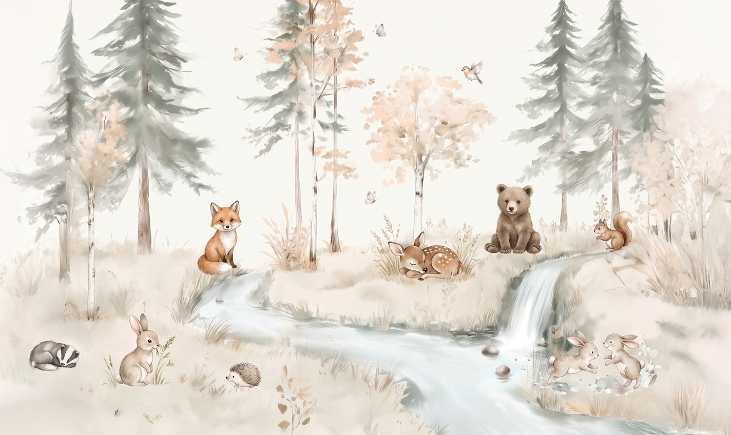Neutral Woodland Nursery Mural – Forest Animals Wallpaper for Baby & Kids Room