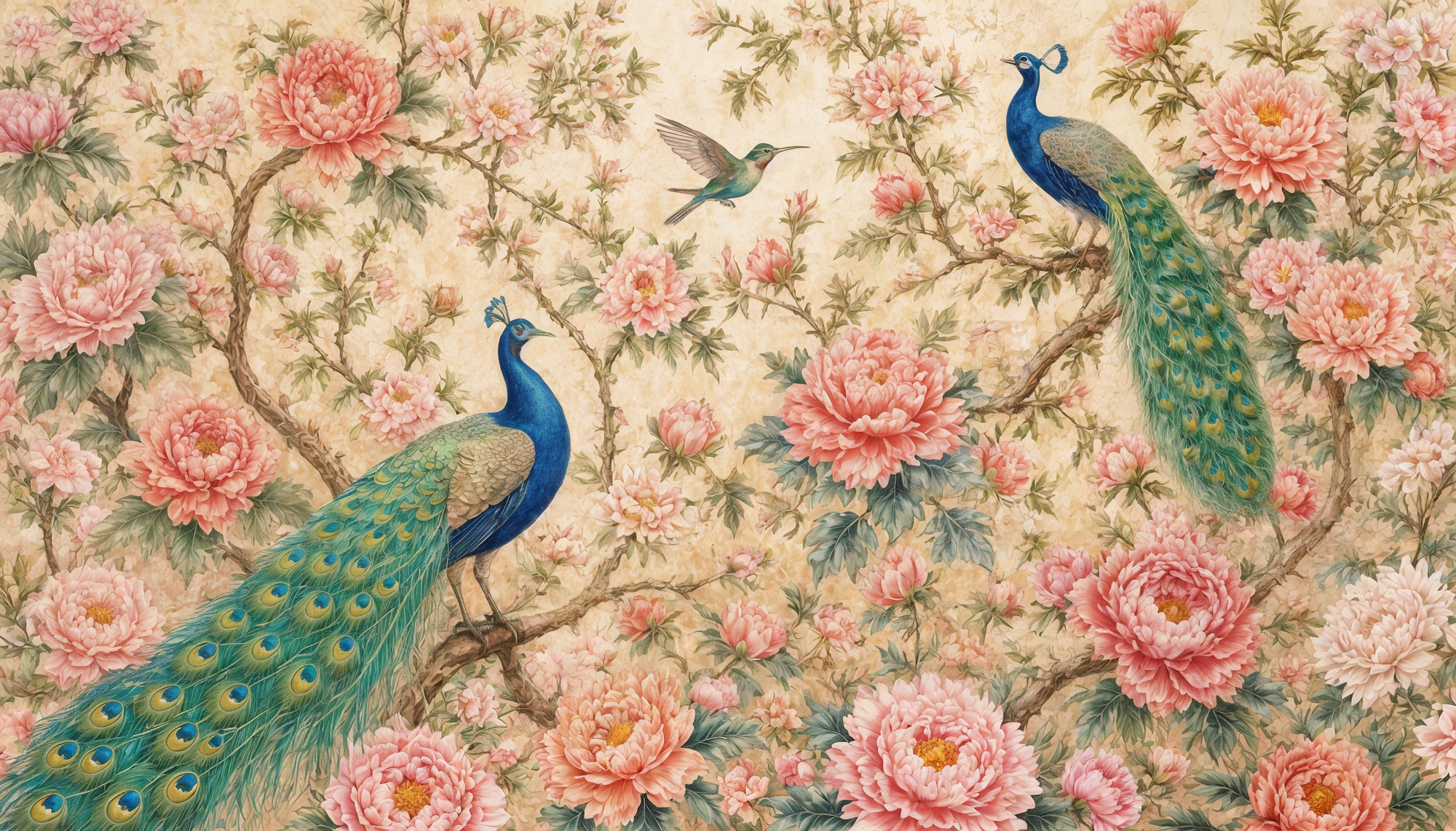 Chinoiserie Peacock & Peony Mural Wallpaper in Blush Pink & Soft Gold