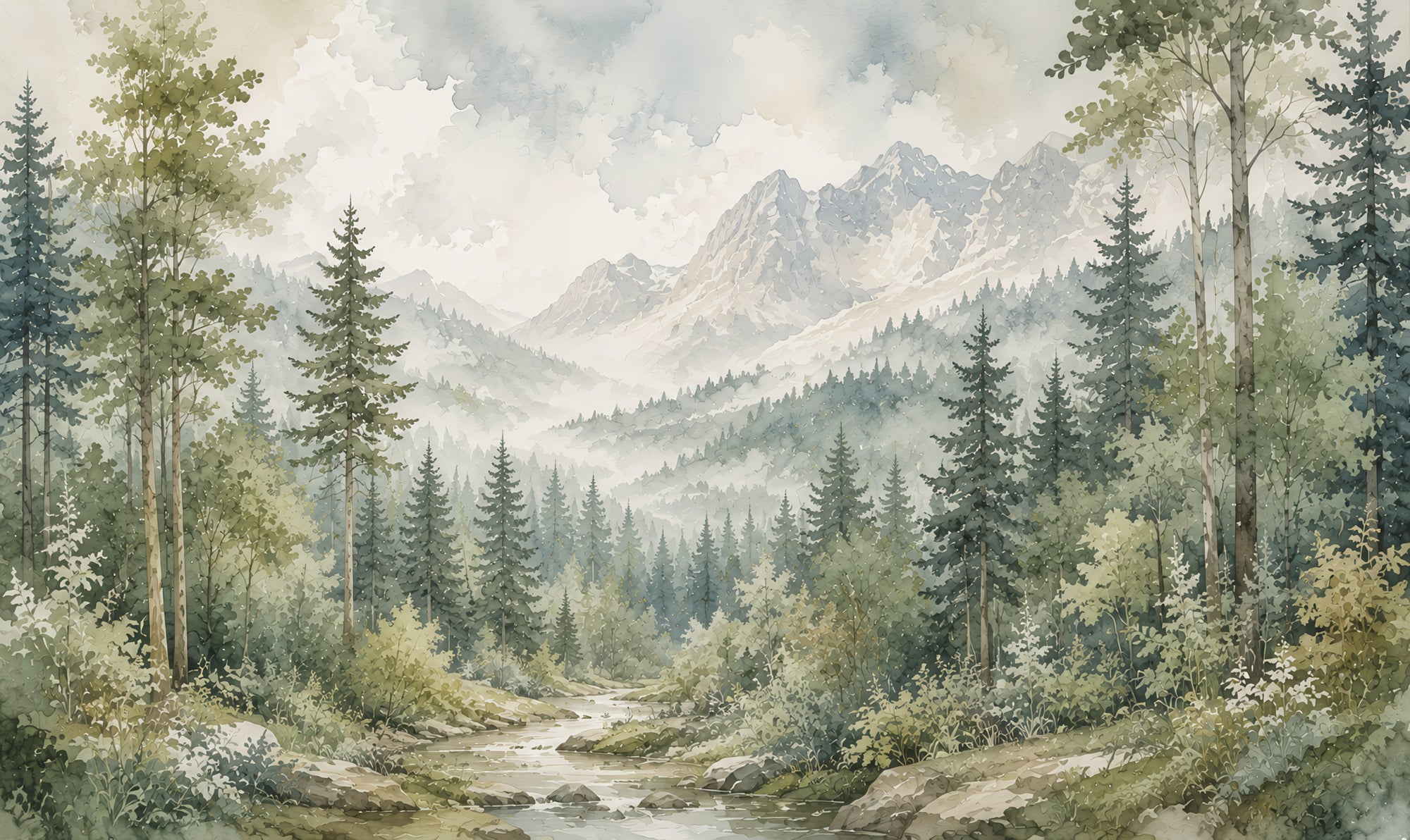 Misty Forest Mountain Wallpaper Mural – Watercolor Woodland Landscape