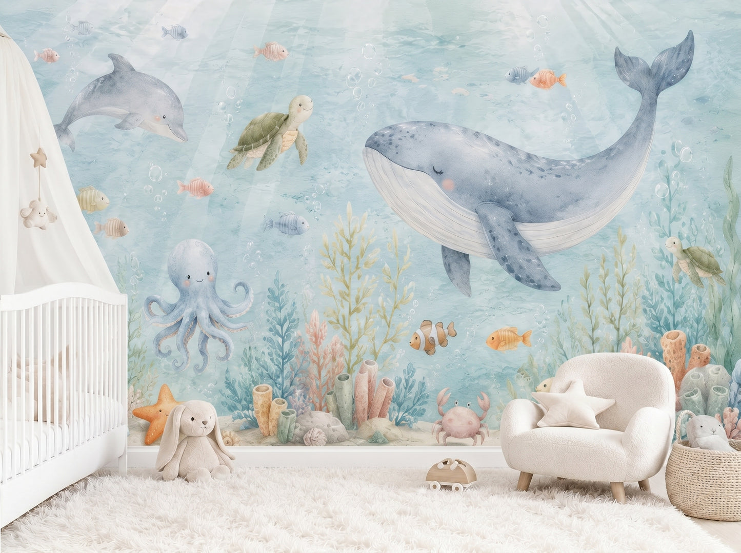 Watercolor under the sea nursery wall mural with whale, dolphin, turtle, octopus, and coral reef in soft blue coastal tones