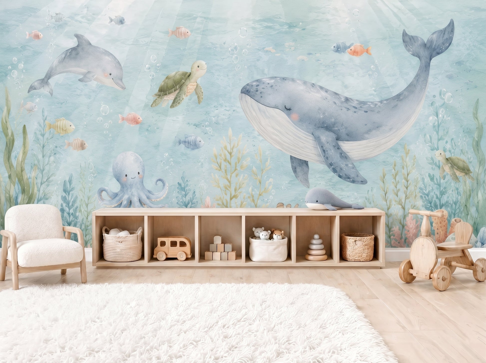 Watercolor under the sea nursery wall mural with whale, dolphin, turtle, octopus, and coral reef in soft blue coastal tones