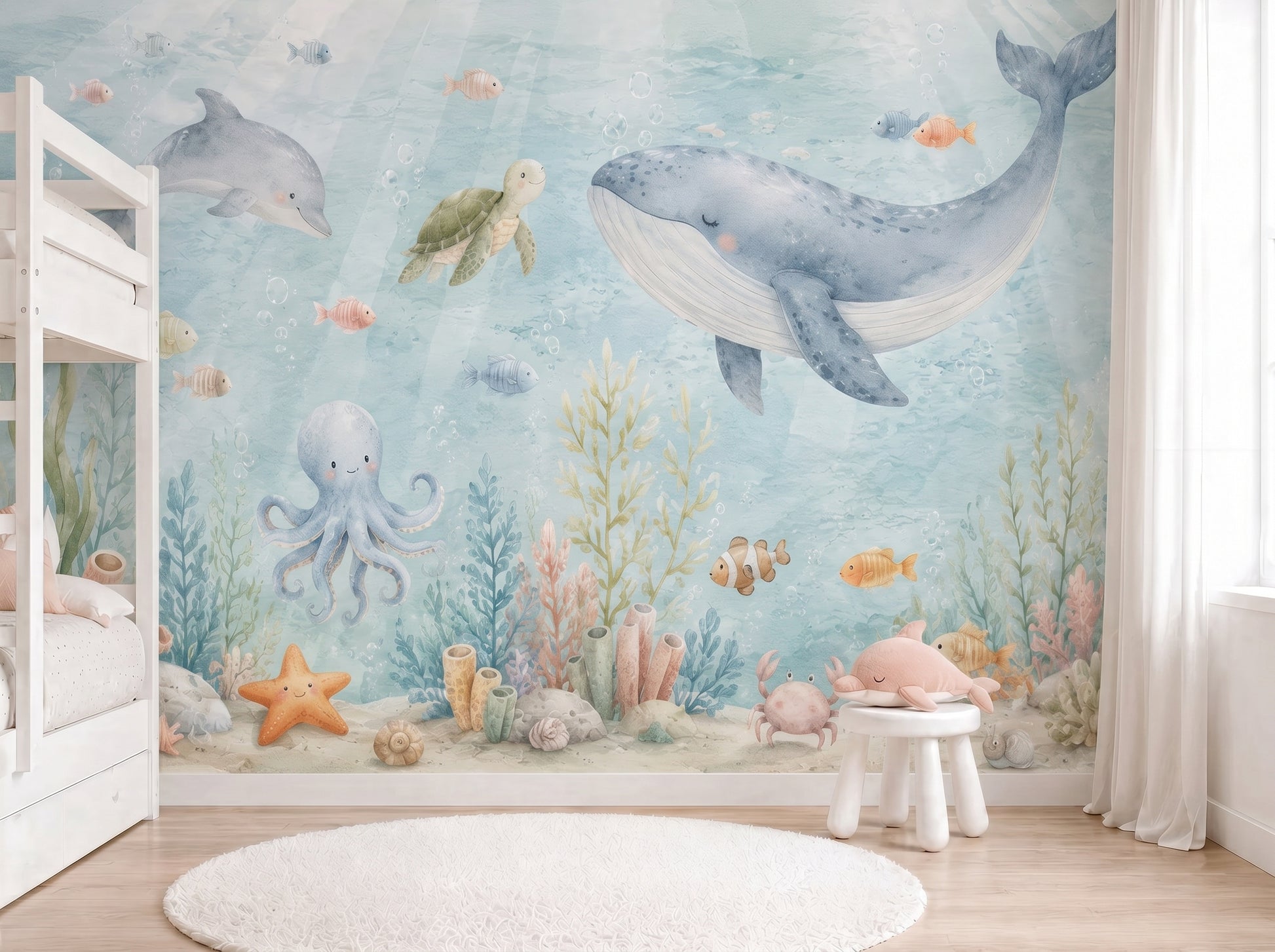 Watercolor under the sea nursery wall mural with whale, dolphin, turtle, octopus, and coral reef in soft blue coastal tones