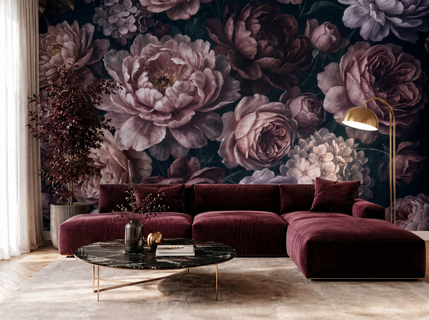 Moody bedroom interior with dark floral wallpaper mural featuring vintage peonies and romantic botanical blooms