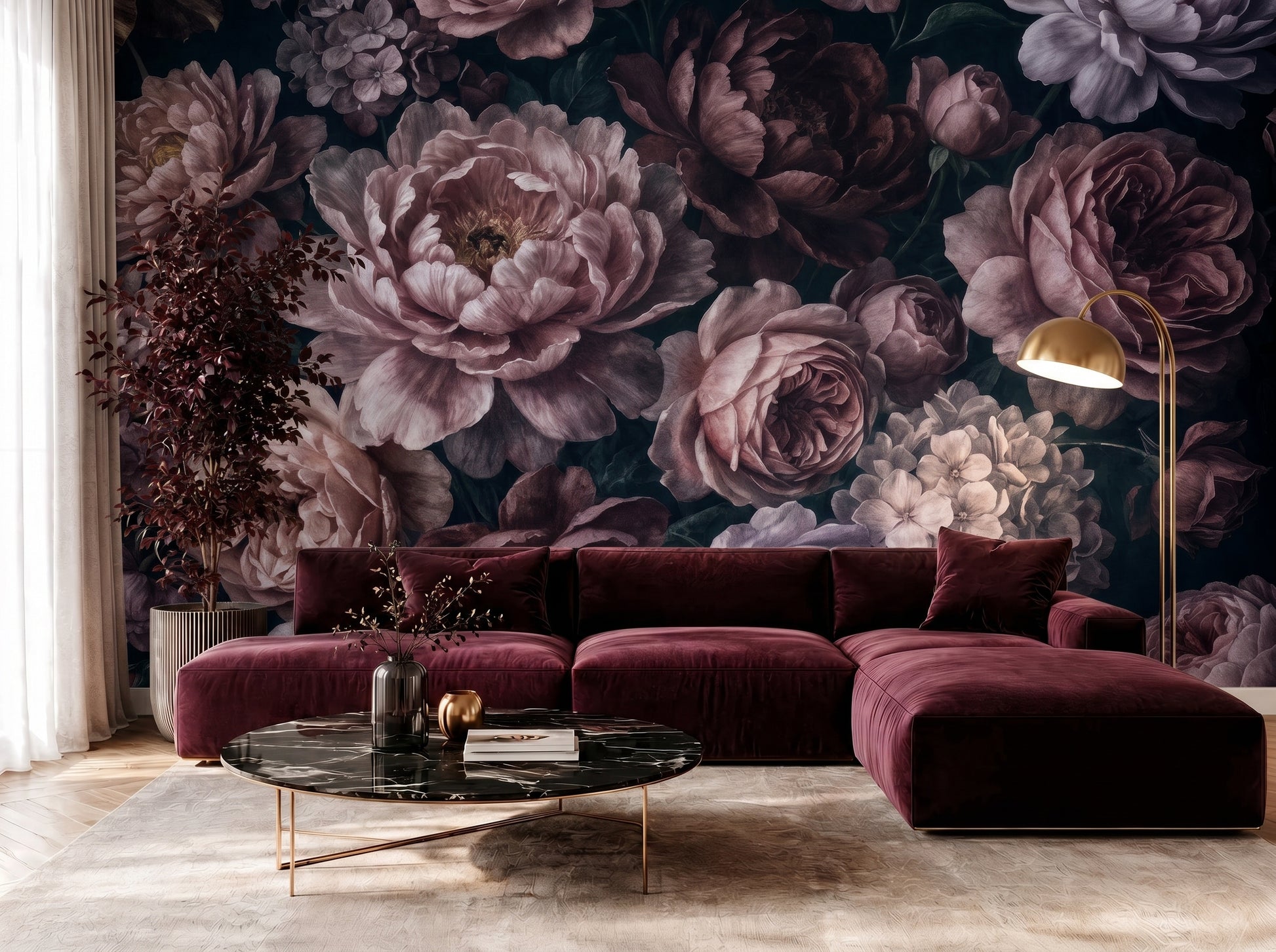 Moody bedroom interior with dark floral wallpaper mural featuring vintage peonies and romantic botanical blooms