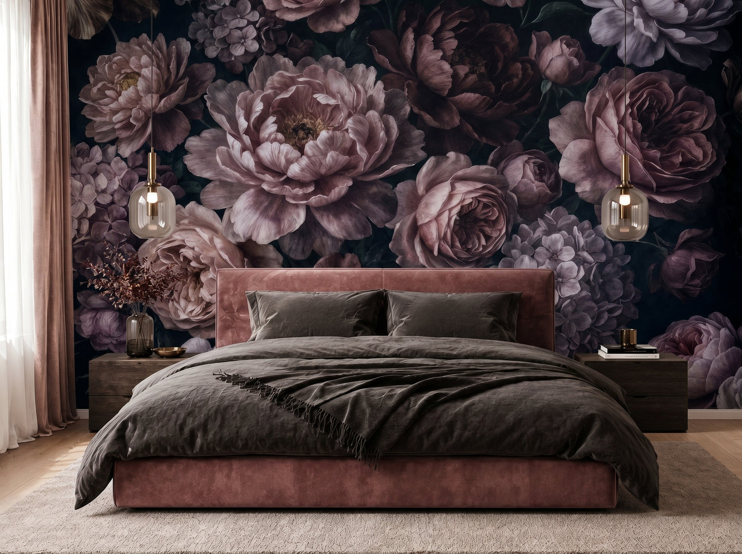 Elegant bathroom with vintage botanical wallpaper mural in deep plum and dusty mauve floral tones