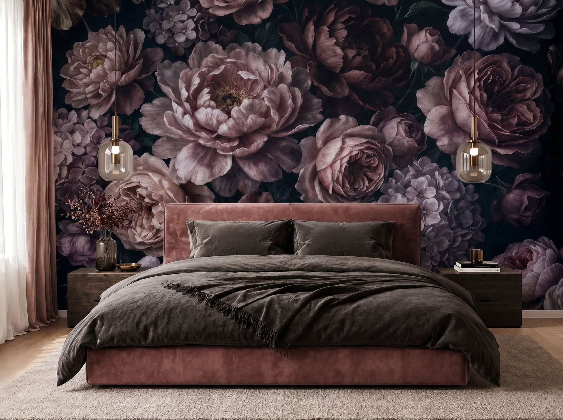 Elegant bathroom with vintage botanical wallpaper mural in deep plum and dusty mauve floral tones
