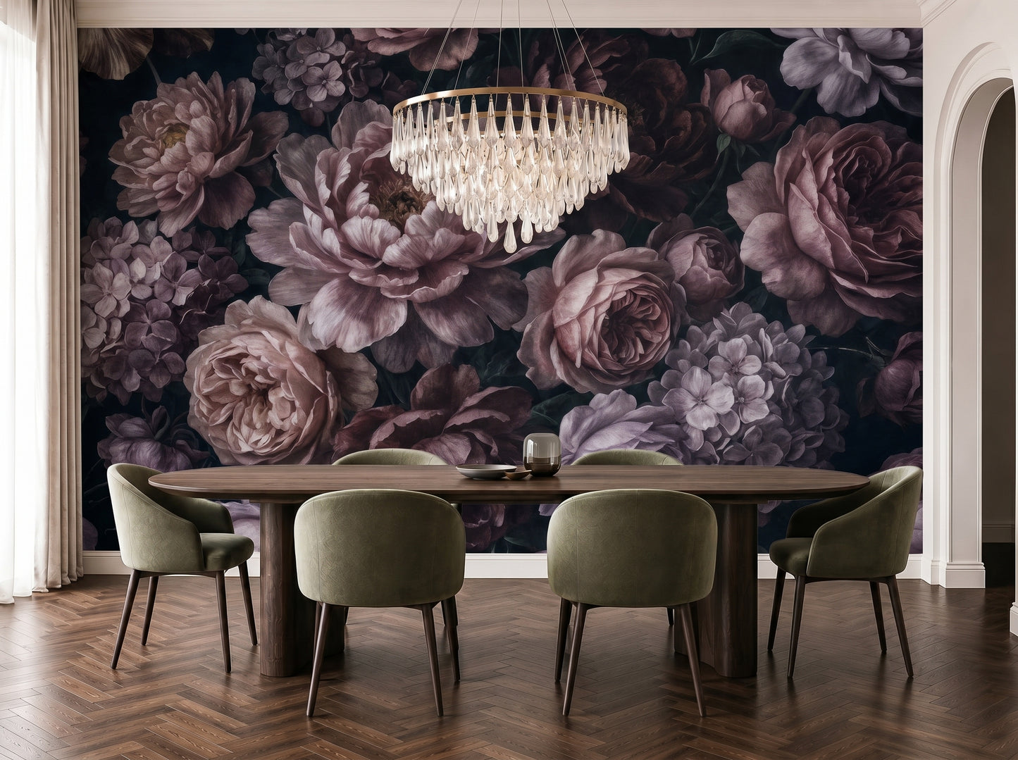 Moody bedroom interior with dark floral wallpaper mural featuring vintage peonies and romantic botanical blooms