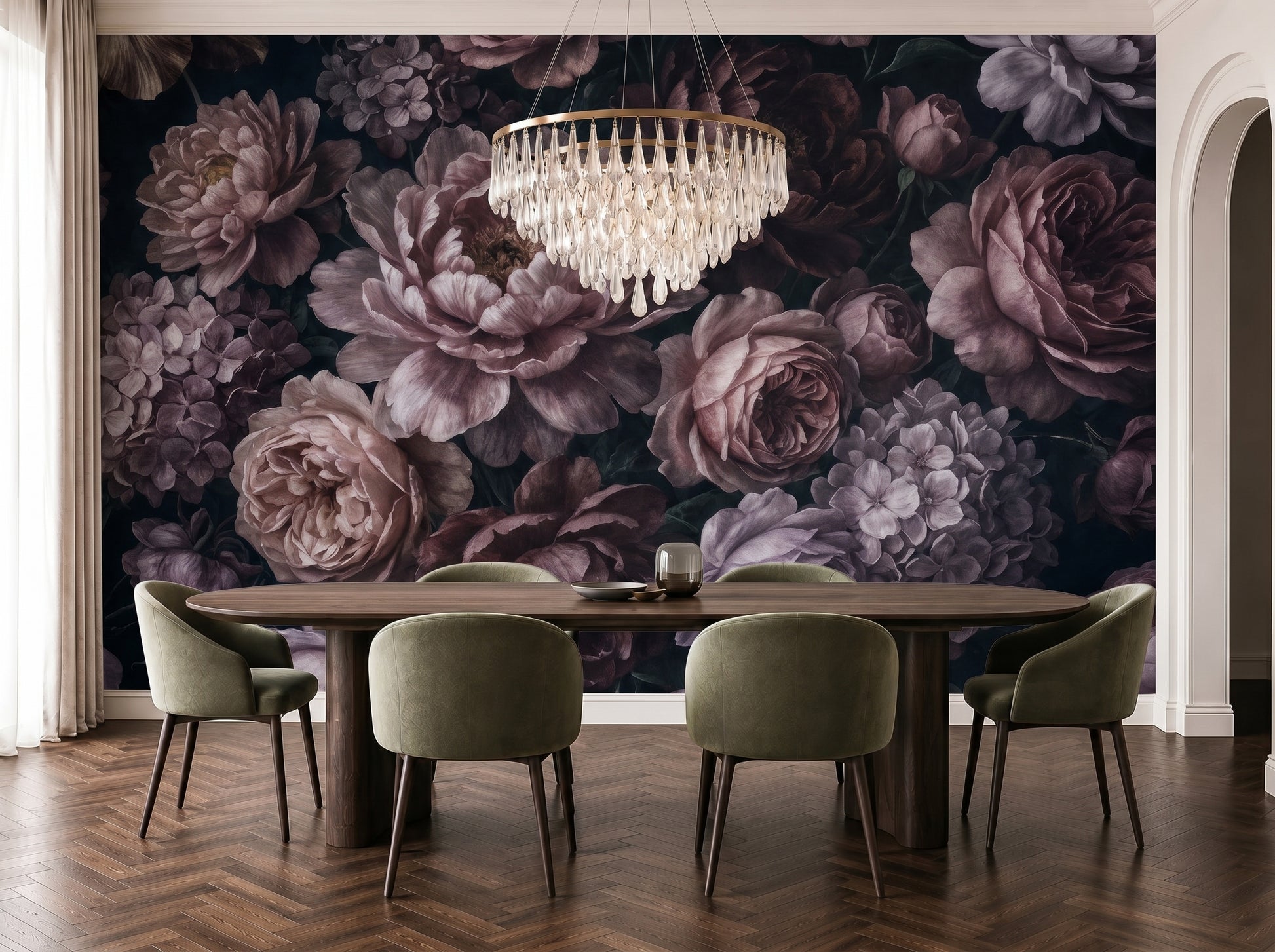 Moody bedroom interior with dark floral wallpaper mural featuring vintage peonies and romantic botanical blooms