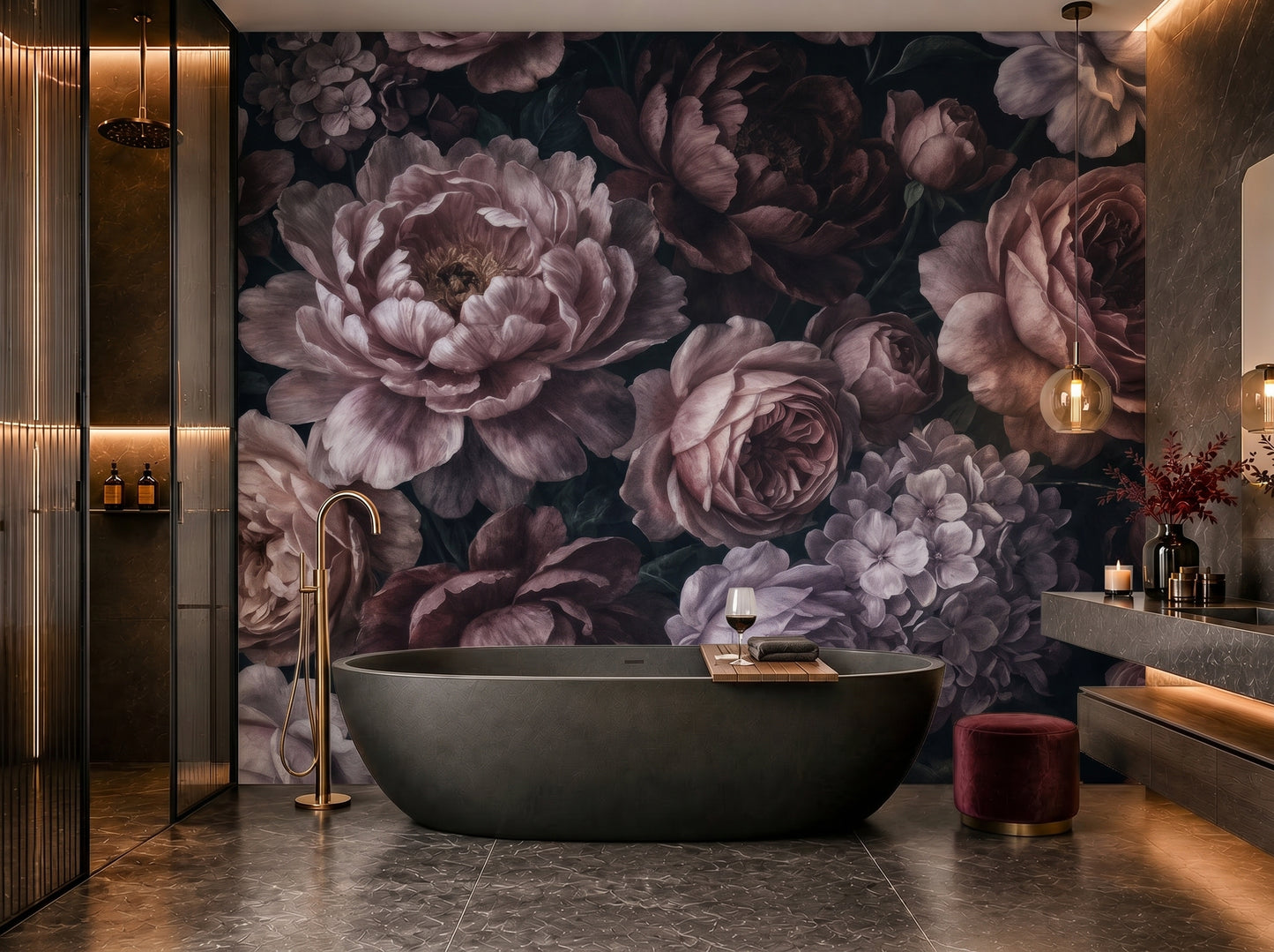 Moody bedroom interior with dark floral wallpaper mural featuring vintage peonies and romantic botanical blooms