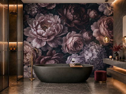 Moody bedroom interior with dark floral wallpaper mural featuring vintage peonies and romantic botanical blooms