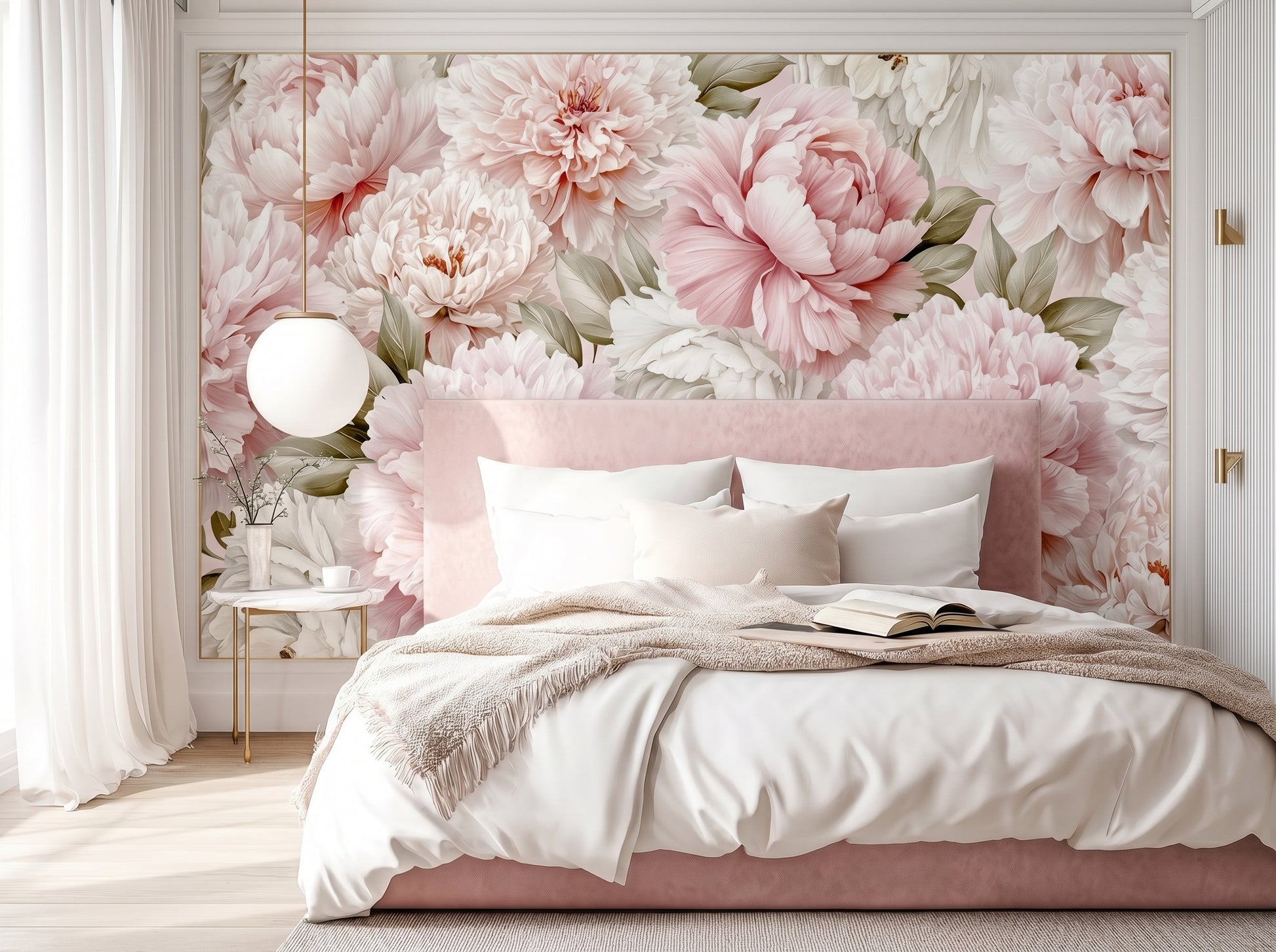 Blush pink peony mural wallpaper in romantic bedroom interior with oversized floral wall mural and soft feminine decor