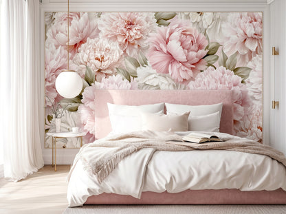 Blush pink peony mural wallpaper in romantic bedroom interior with oversized floral wall mural and soft feminine decor