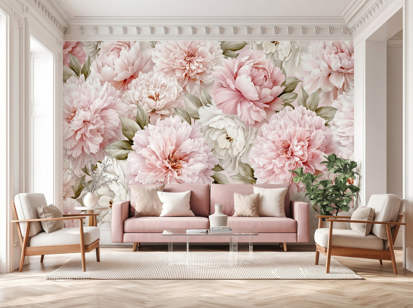 Luxury floral mural wallpaper with blush peonies in elegant living room featuring oversized botanical wall design
