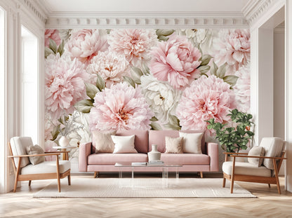 Luxury floral mural wallpaper with blush peonies in elegant living room featuring oversized botanical wall design