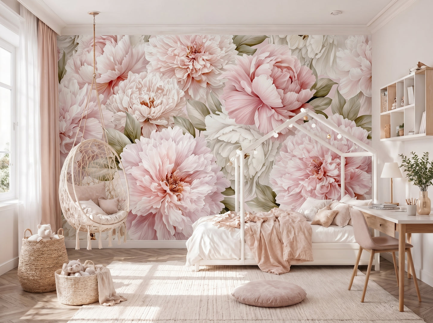Soft pink peony mural wallpaper for girls bedroom with romantic floral wall mural and airy pastel interior