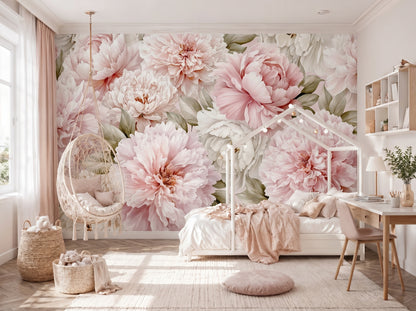 Soft pink peony mural wallpaper for girls bedroom with romantic floral wall mural and airy pastel interior