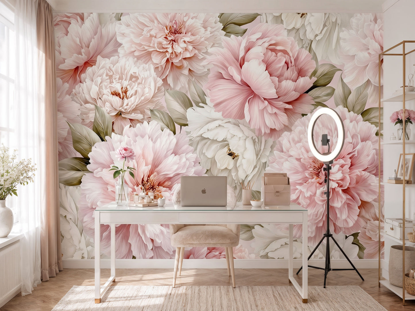 Oversized blush floral mural wallpaper in feminine home office with luxury botanical wall design and soft neutral styling