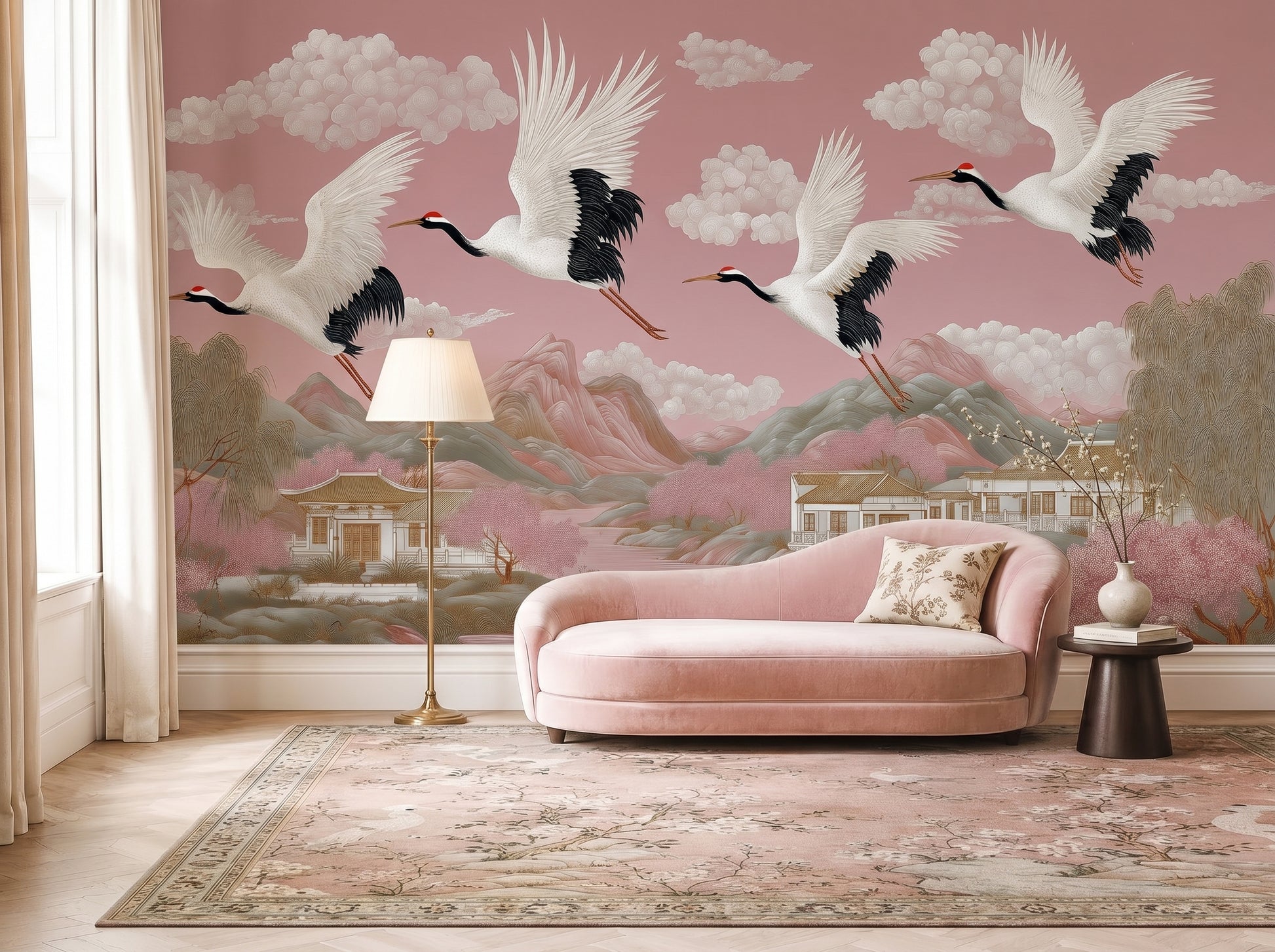 Blush pink chinoiserie crane wall mural in elegant living room with pink velvet sofa, featuring flying Japanese cranes, pagodas, mountains, cherry blossom trees, and panoramic Asian landscape wallpaper.
