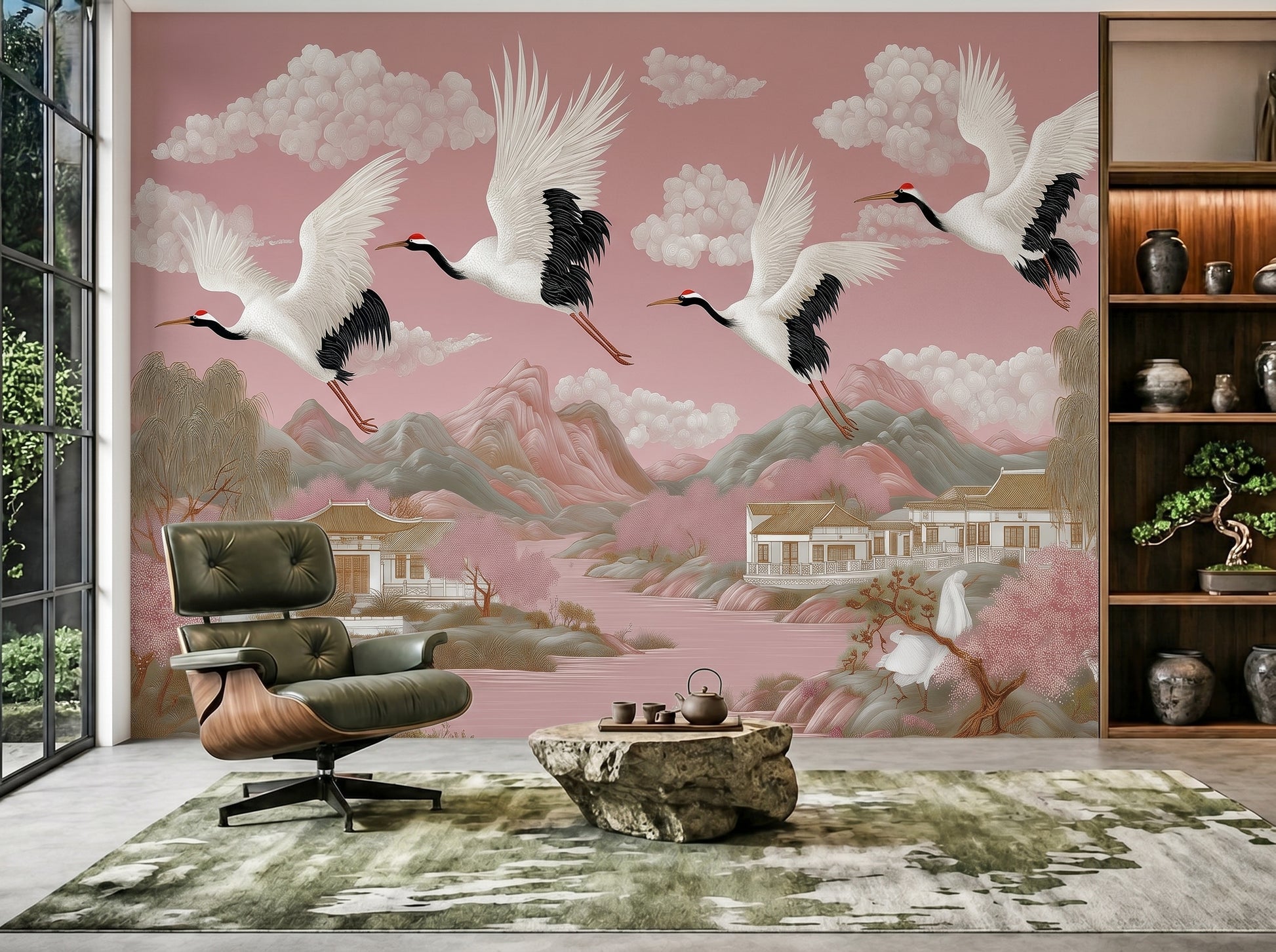 Blush pink chinoiserie crane wall mural in modern Japandi living room, featuring flying Japanese cranes, pagodas, mountains, cherry blossom trees, and panoramic Asian landscape wallpaper with luxury statement wall styling.