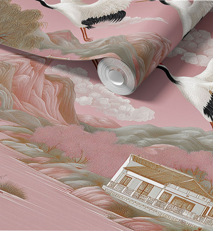 Blush Pink Chinoiserie Crane Wall Mural | Luxury Japanese Landscape Wallpaper