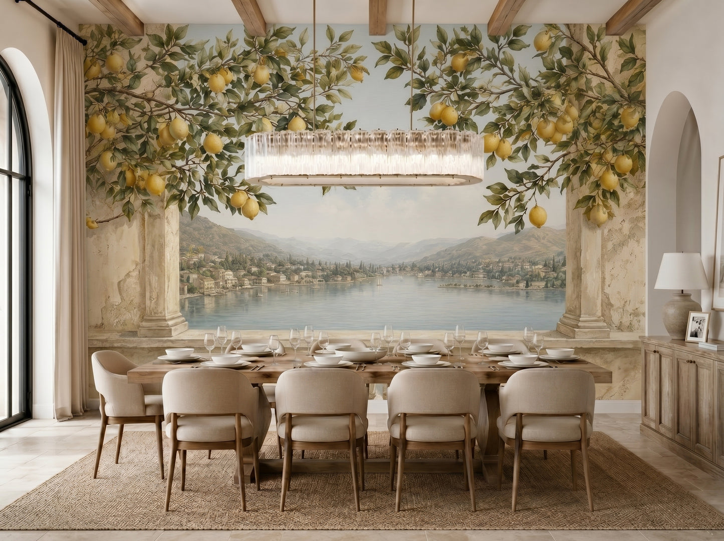 Italian countryside mural wallpaper with lemon branches and classical European landscape