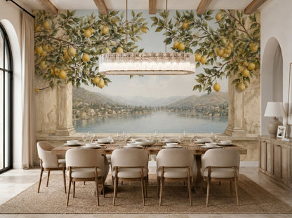 Italian countryside mural wallpaper with lemon branches and classical European landscape