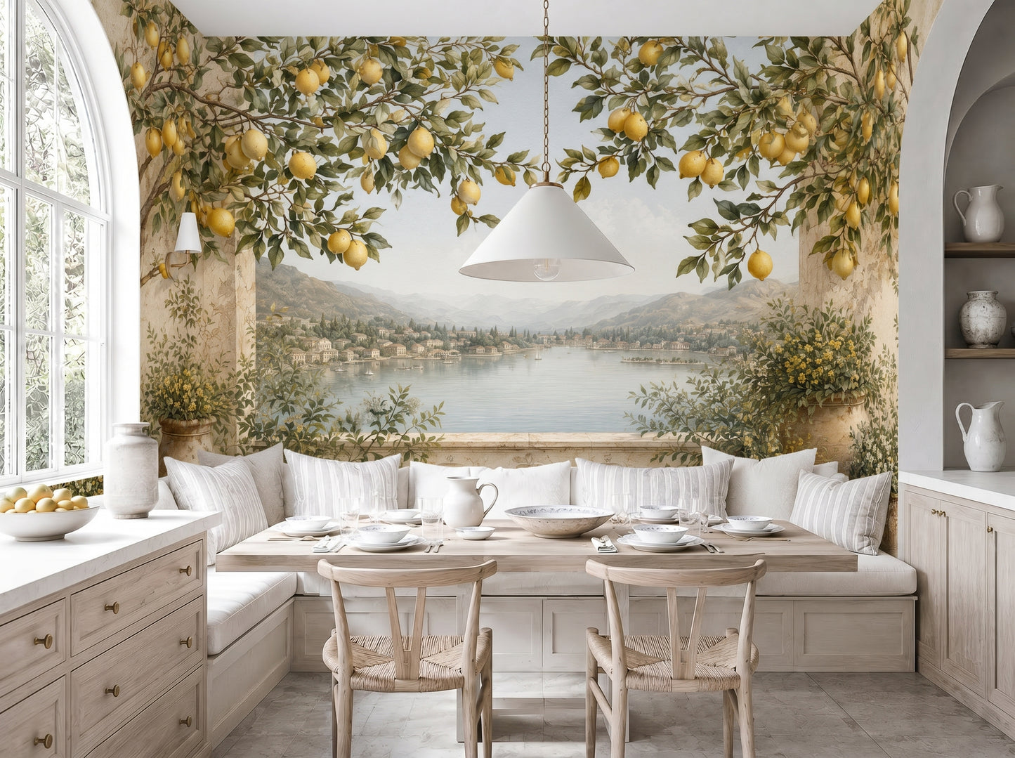 Scenic Italian wall mural featuring lemon trees, stone terrace, and coastal lake view