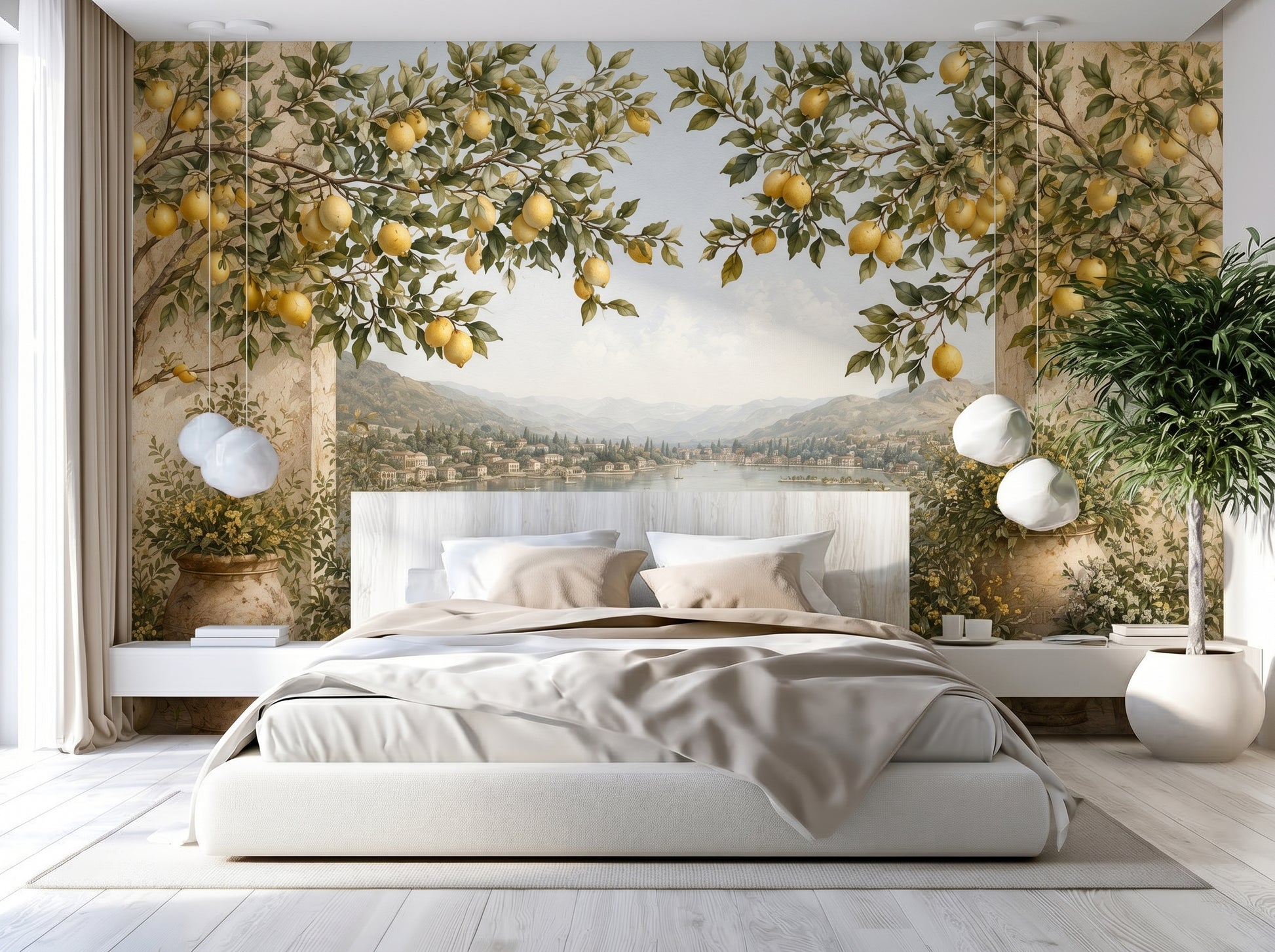 Scenic Italian wall mural featuring lemon trees, stone terrace, and coastal lake view