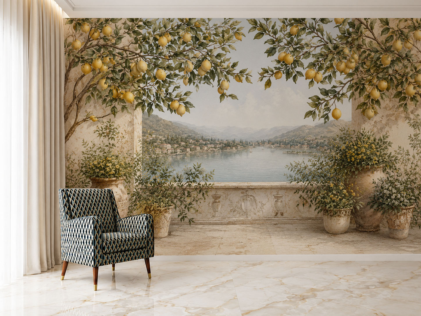 Italian countryside mural wallpaper with lemon branches and classical European landscape