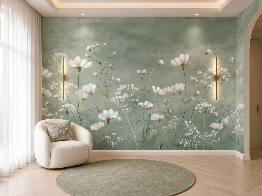 Sage green wildflower botanical mural wallpaper