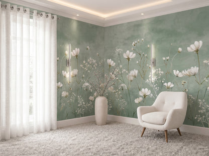 Sage green wildflower botanical mural wallpaper