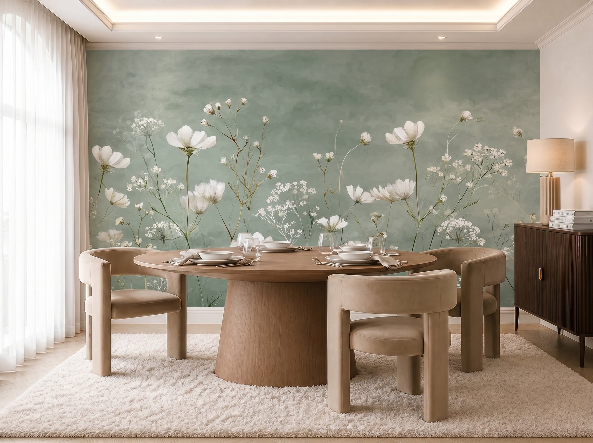 Sage green wildflower botanical mural wallpaper