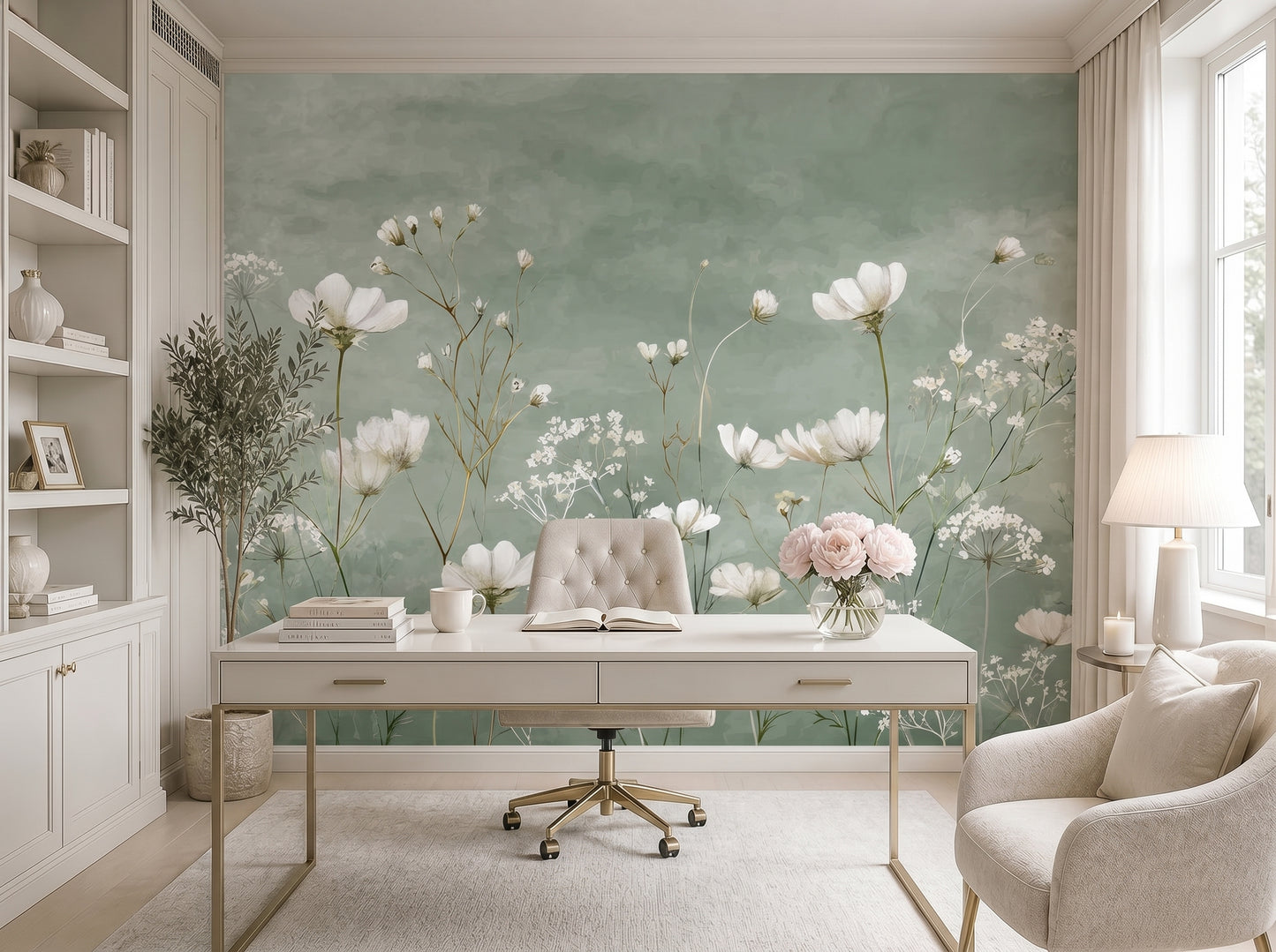 Sage green wildflower botanical mural wallpaper