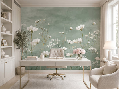 Sage green wildflower botanical mural wallpaper