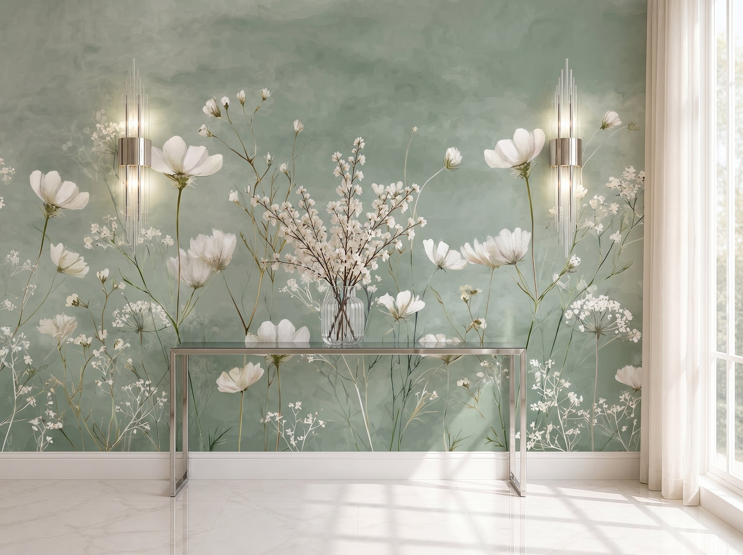Sage green wildflower botanical mural wallpaper