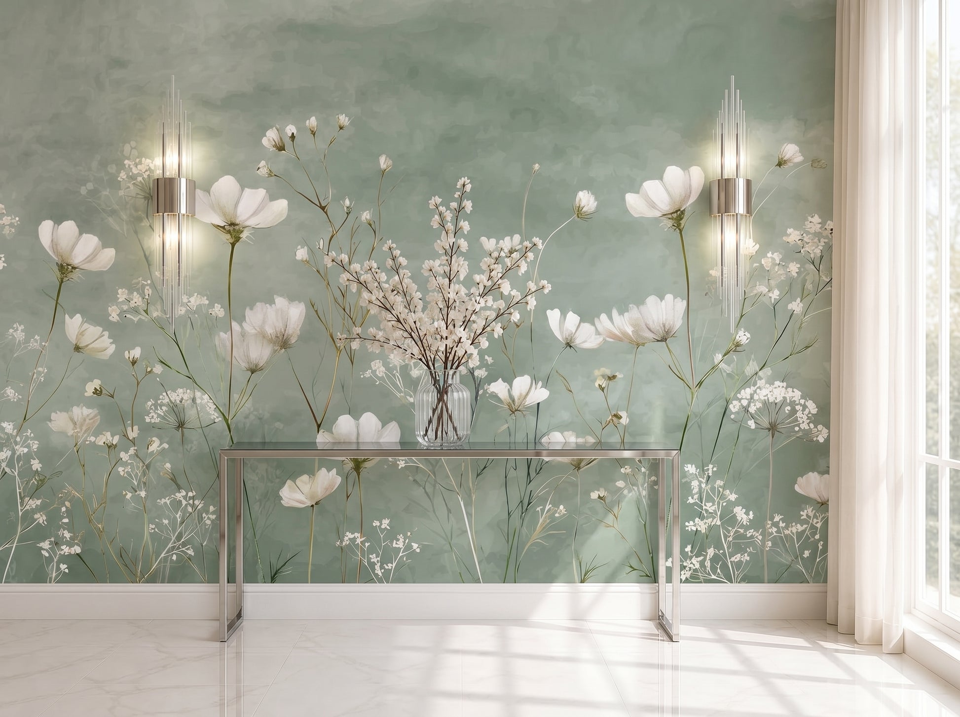 Sage green wildflower botanical mural wallpaper