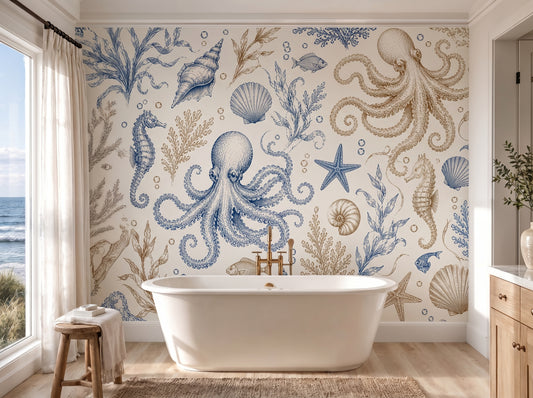 Coastal Marine Wallpaper – Octopus & Seashell Nautical Mural in Blue and Beige