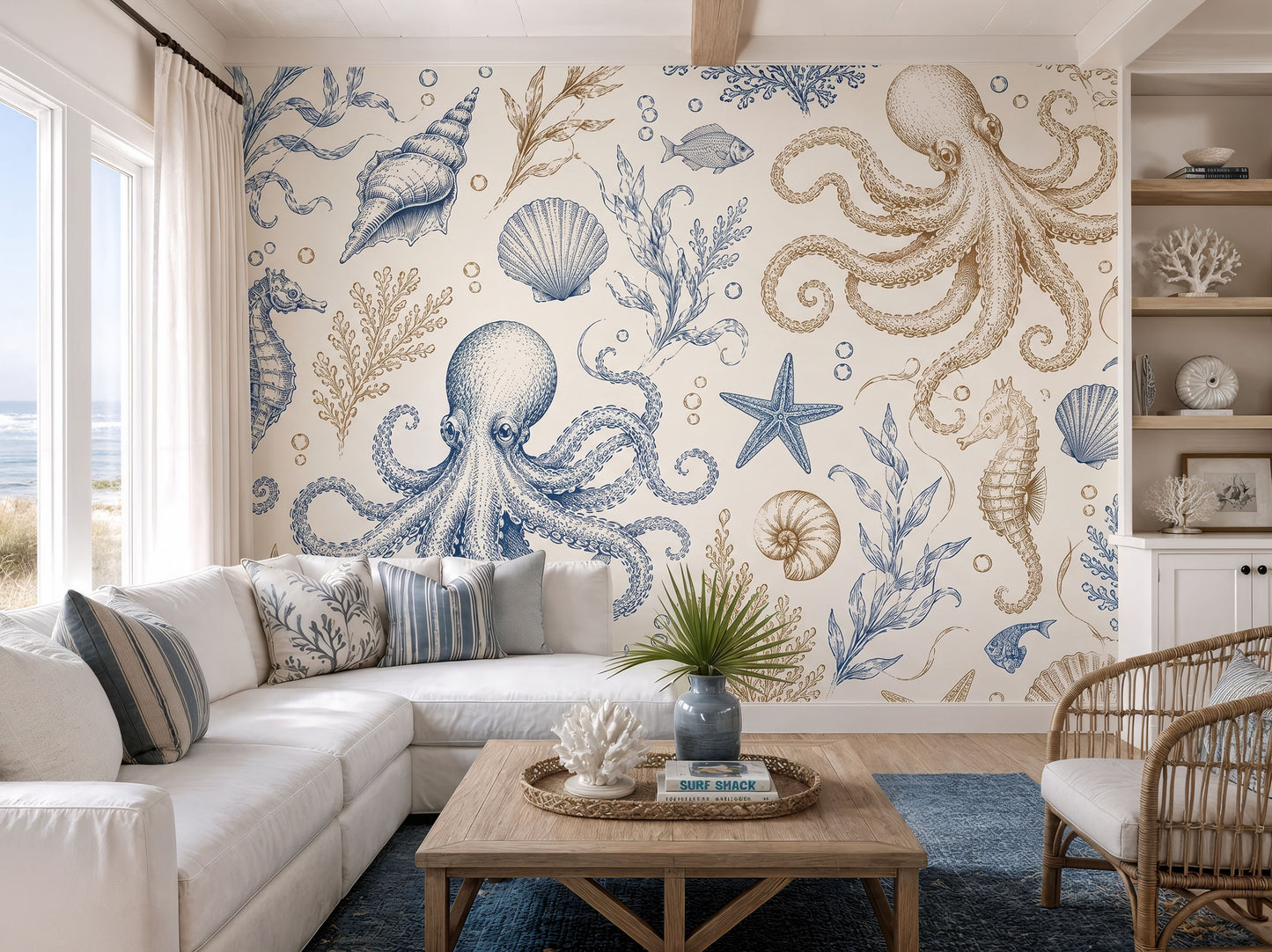 Coastal Marine Wallpaper – Octopus & Seashell Nautical Mural in Blue and Beige