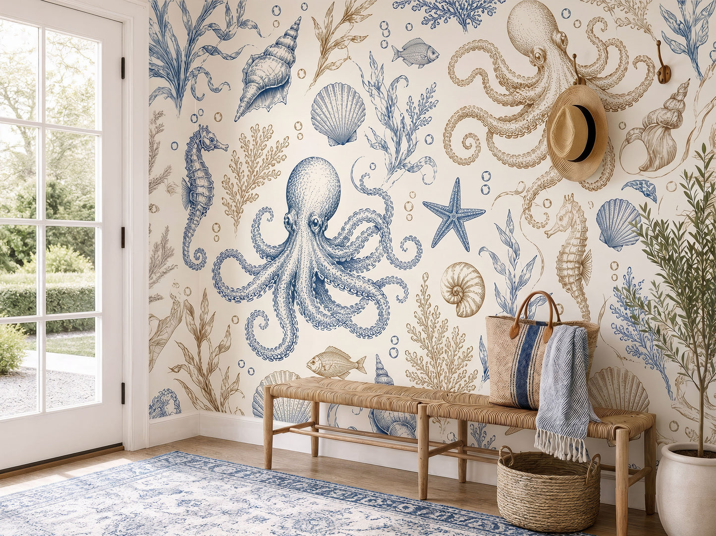 Coastal Marine Wallpaper – Octopus & Seashell Nautical Mural in Blue and Beige