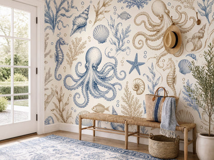 Coastal Marine Wallpaper – Octopus & Seashell Nautical Mural in Blue and Beige