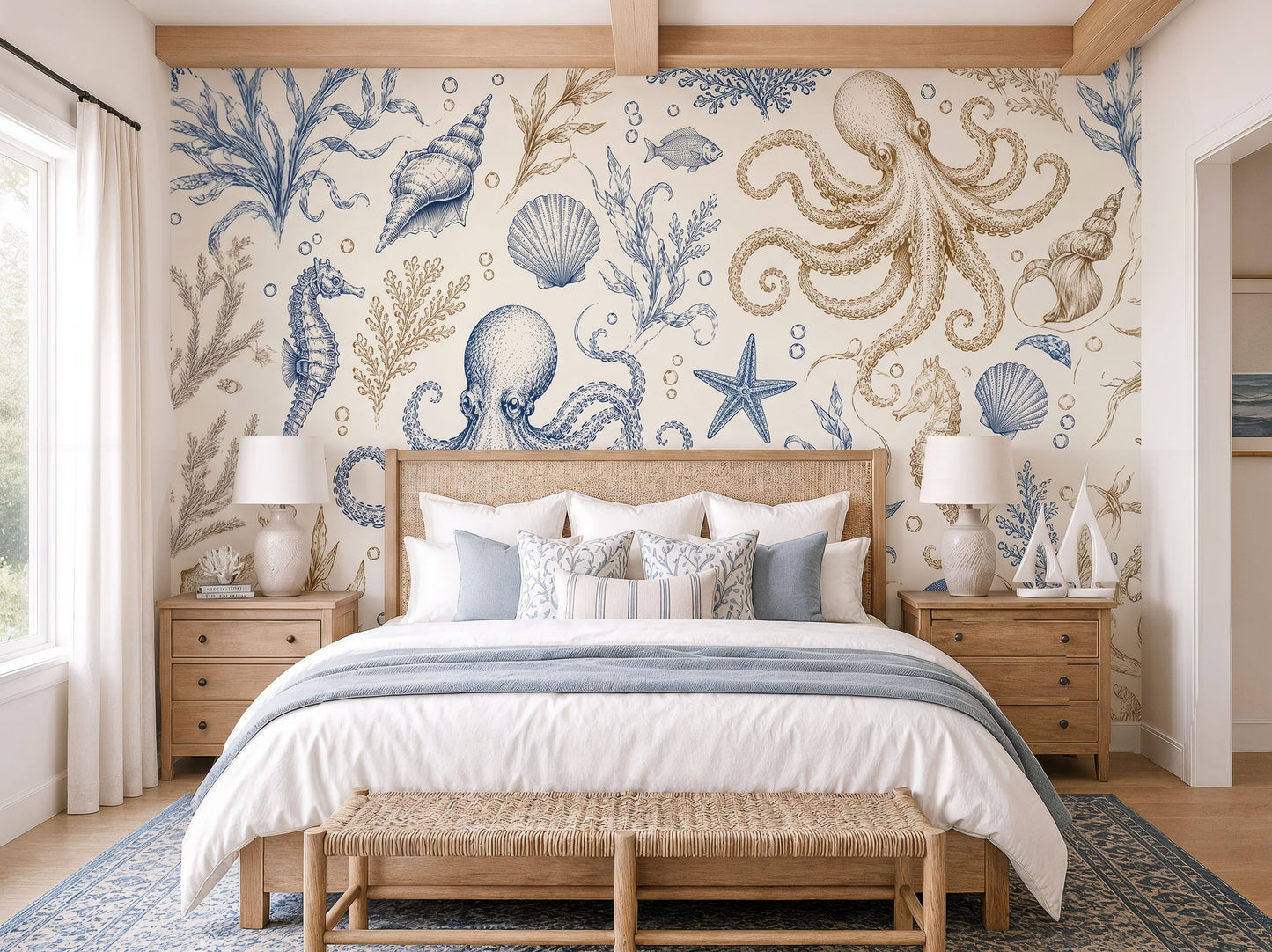 Coastal Marine Wallpaper – Octopus & Seashell Nautical Mural in Blue and Beige