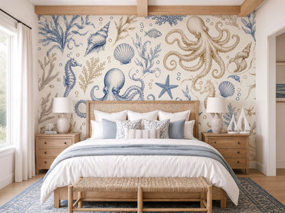 Coastal Marine Wallpaper – Octopus & Seashell Nautical Mural in Blue and Beige